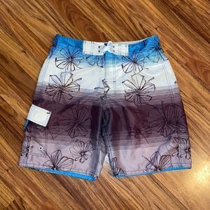 Joe Boxer Swim Trunks Floral Brown, White, & Blue Mens Size Medium
